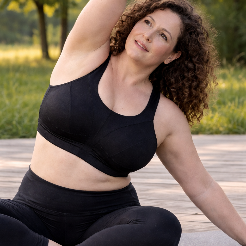 Woman in black athletic wear stretching outdoors on a wooden deck with greenery in the background