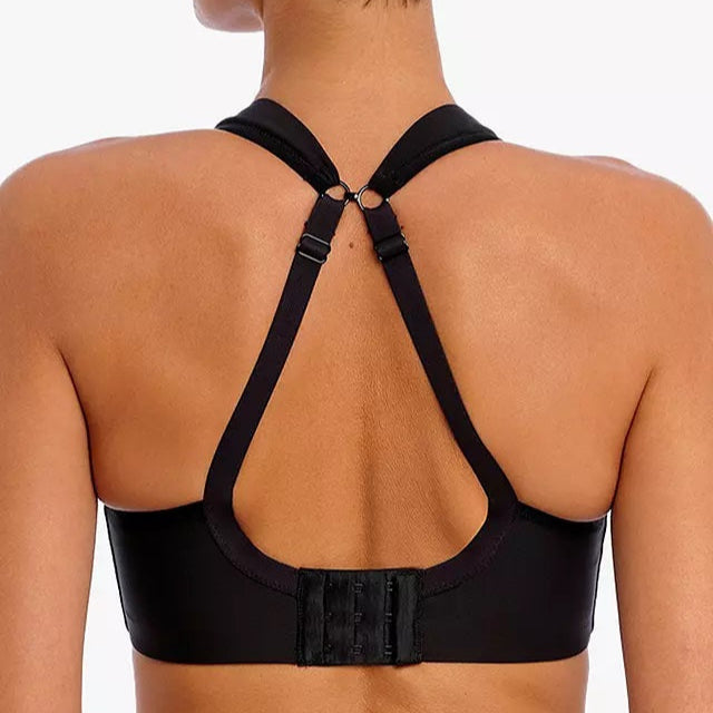 active woman wearing Freya High Octane Underwire sports bra showing racerback view