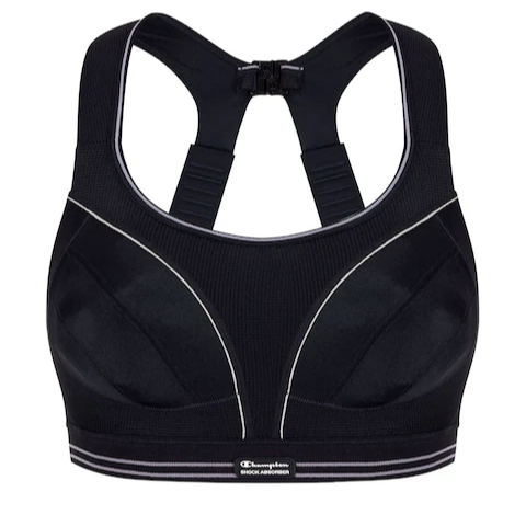 Black sports bra with white accents on a white background
