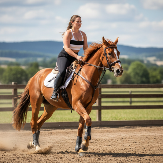 Woman riding a brown horse on a dirt track with a scenic background