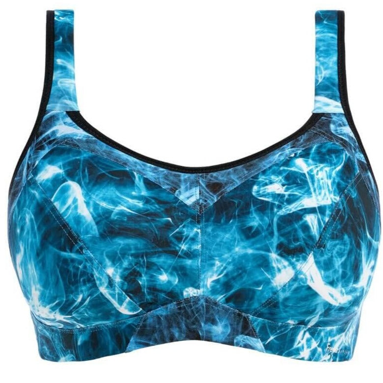 Freya High Octane sports bra with blue and black geometric pattern, featuring wide straps and underwire support.