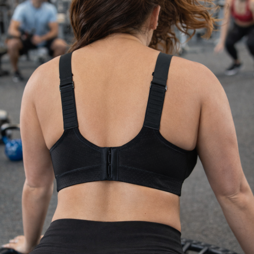 High-impact sports bra back view with H-strap configuration for maximum bounce control"