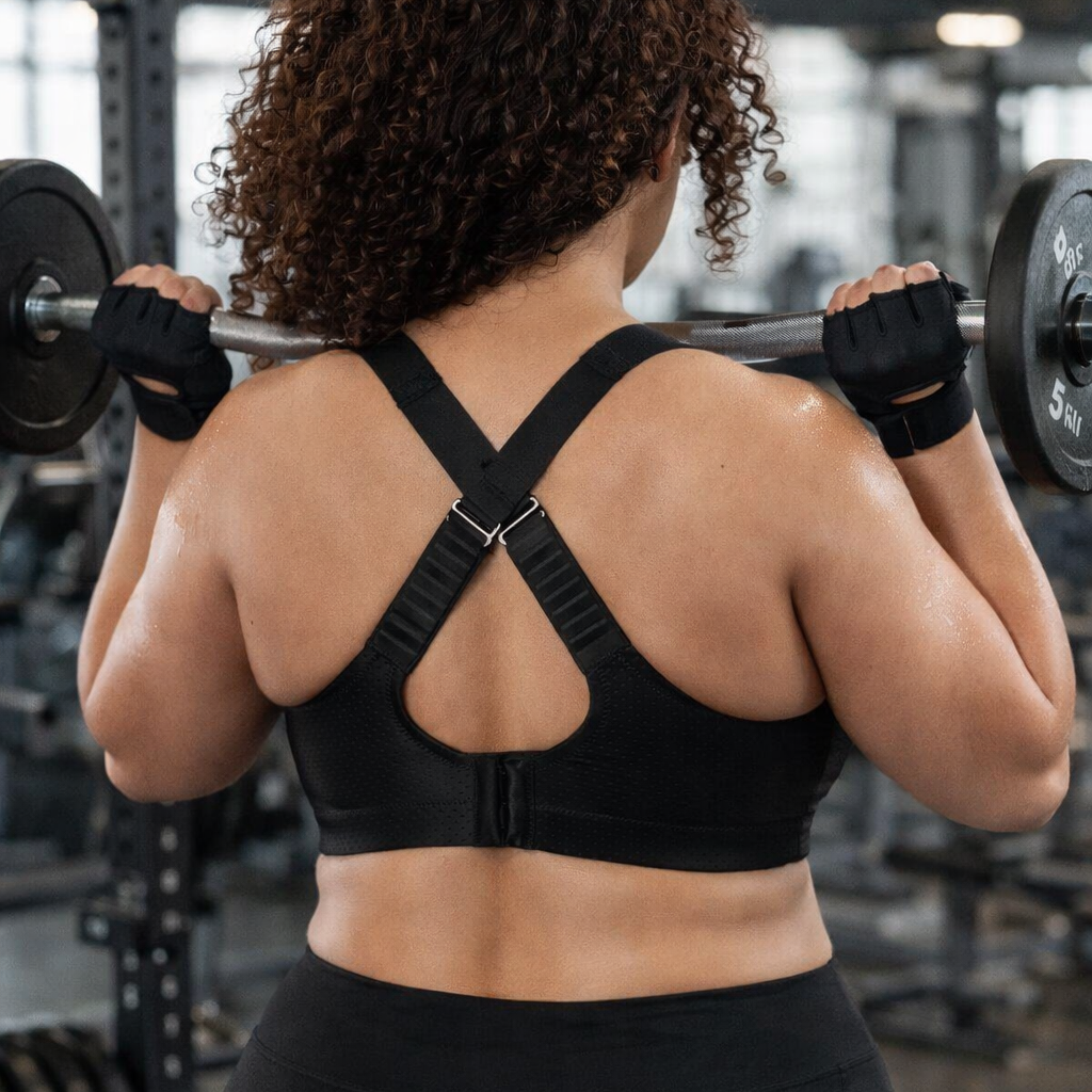 Active D+ wirefree sports bra back view showing adjustable X-strap design for customizable support