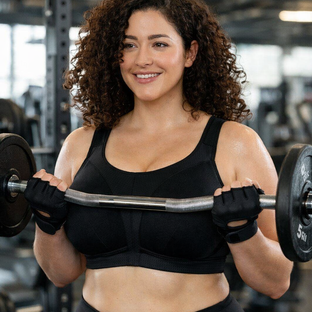 Woman lifting weights in a gym setting