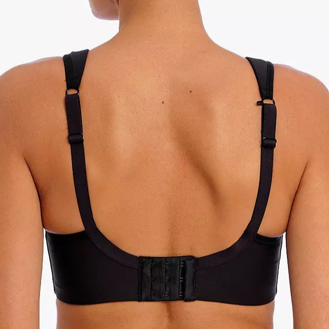 active woman wearing Freya High Octane Underwire sports bra showing back view H straps