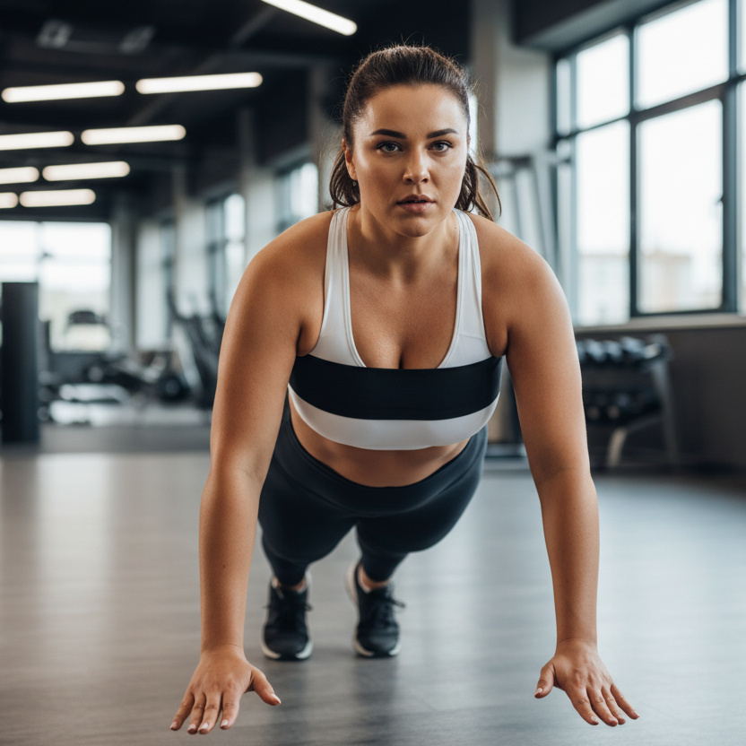 Active woman wearing active band over her sports bra and performing push-ups in a gym.