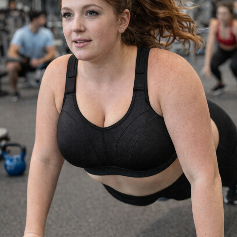 High-impact wirefree sports bra front view showing full coverage and secure fit for running and HIIT