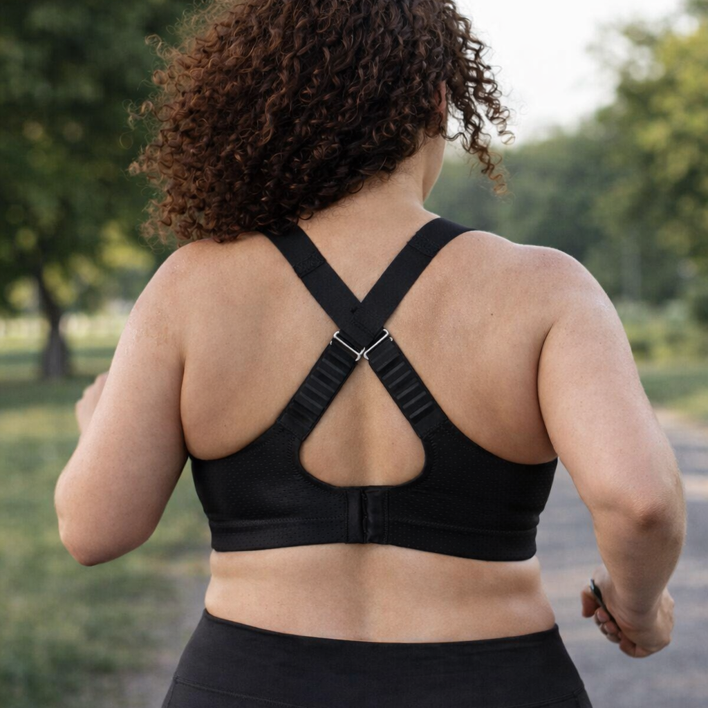 Close-up of wirefree sports bra supportive cups and inner bounce-control sling
