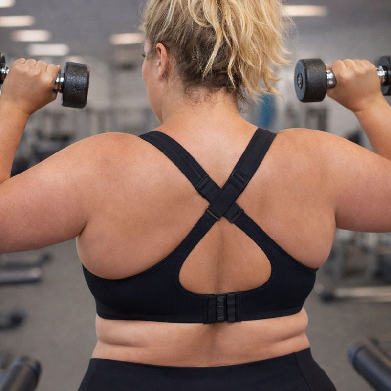 Simone high support underwire sports bra back view with cross-back hook straps