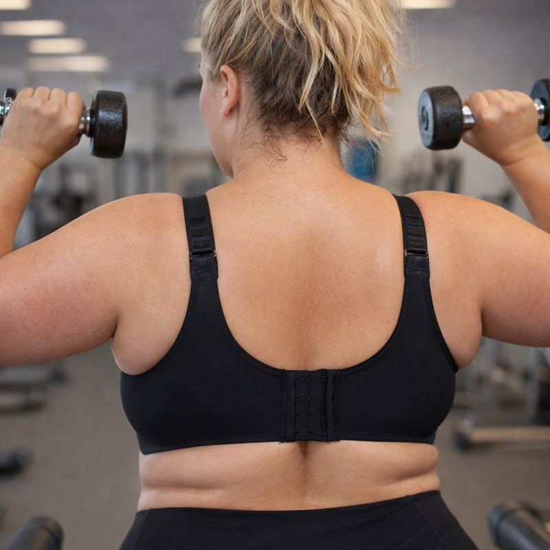 Simone high support underwire sports bra back view with H-hook straps