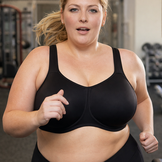 Simone high support underwire sports bra front view with  with two-ply fabric cups and an outside underwire frame 