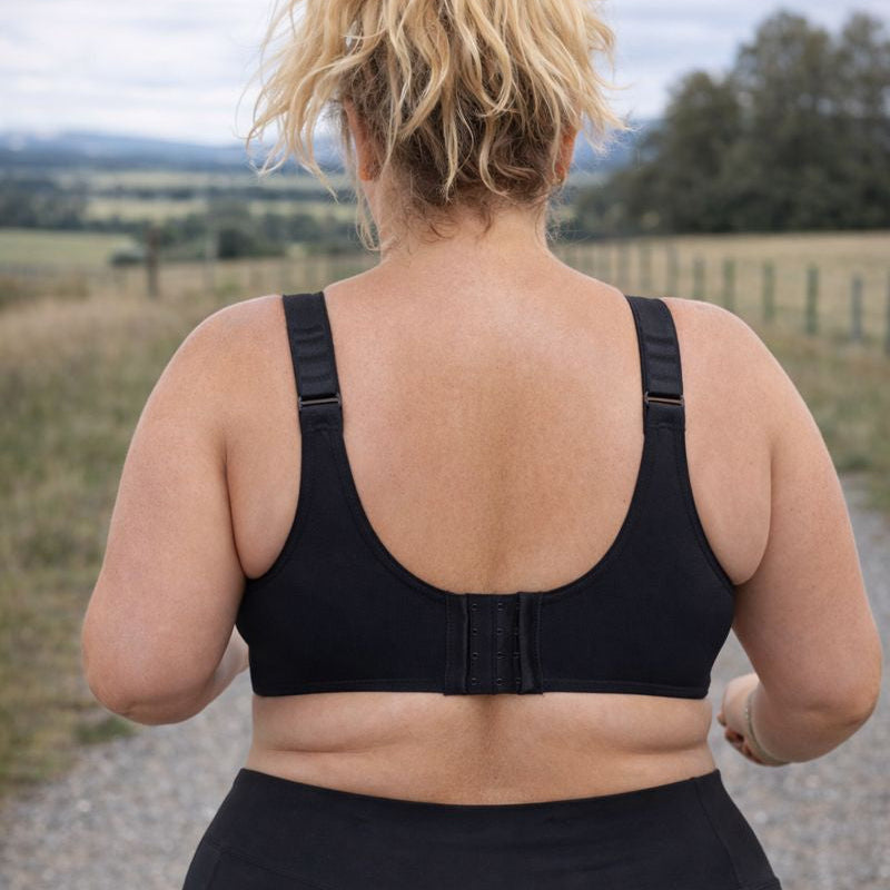 Simone High Support sports bra with mesh back to keep skin cool when runnng