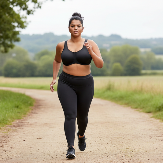 Woman running in Simone sports bra on a path in a natural setting